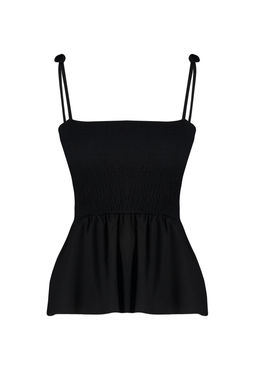 Siyah Pamuklu Poplin Detayl? Fitted Ask?l? Gipeli Esnek Orme Bluz TWOSS24BZ00393