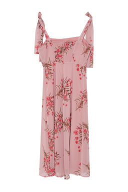 Pembe Cicekli A Kesim Y?rtmacl? S?rt? Gipe Detayl? Sifon Astarl? Midi Dokuma Elbise TWOSS24EL00699