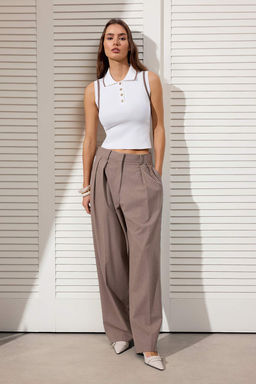 Ekru Polo Yaka Renk Bloklu Bluz TWOSS24BZ00244