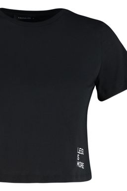 Siyah %100 Pamuk Slogan Bask?l? Crop Bisiklet Yaka Orme T-Shirt TWOSS23TS00125