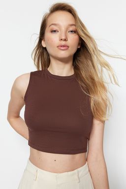 Kahverengi-Bej 2li Paket Kolsuz Crop Pamuklu Esnek Orme Atlet TWOSS23AL00010