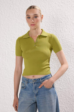 Trendyolmilla Siyah*001-Kahverengi Basic Polo Yaka Ikili Paket Triko Ince Bluz TWOSS25BZ00503 фото 9