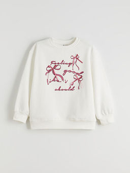 Fiyonk Bask?l? K?z ?ocuk Kal?n Sweatshirt