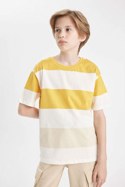 Полосатая футболка с короткими рукавами для мальчиков с круглым вырезом - Defacto фото 3