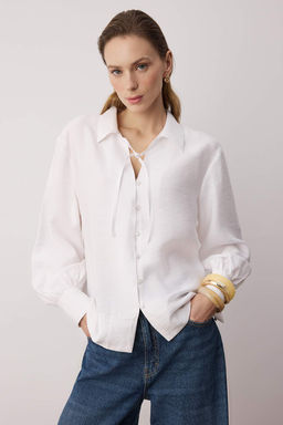 Sustainable Beyaz Boho Modal Baglama Detayl? Oversize Modal Gomlek TWOAW26GO00080