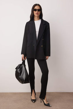 Siyah Kruvaze Kapama Dokuma Oversize Blazer Ceket TWOAW26BC00070