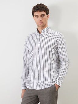 Regular Fit Uzun Kollu ?izgili Keten Kar???ml? Erkek G?mlek