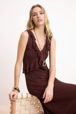 Sar? A-Kesim/Can Form V Yaka Kolsuz Volanl?/F?rf?rl? Midi Kopuk Orme Elbise TWOSS26EL00212 - Trendyolmilla фото 6