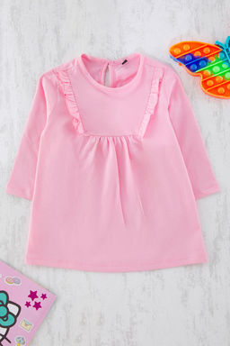 Pudra K?z Bebek %100 Pamuk F?rf?r Detayl? Uzun Kol Orme Elbise TKDSS25EL00082