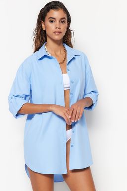 Plaj Giyim Ac?k Mavi Dokuma Maxi Gomlek TBESS22GO0664
