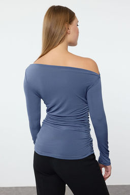Indigo Buzgu/Drape Detayl? Fitted/Vucuda Oturan Uzun Kollu Esnek Orme Bluz TWOAW25BZ00248