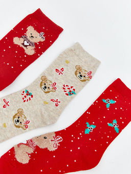 Ay? Teddy Desenli K?z ?ocuk Soket ?orap 3l?