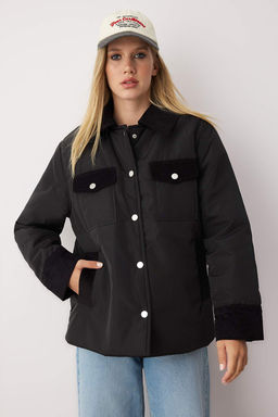 Siyah Regular Kal?p Yakas? Kadife Detayl? Elyafl? Ince Ceket Mont TWOAW26MO00124 - Trendyolmilla фото 2