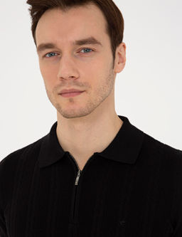 Черный трикотажный свитер приталенного кроя с воротником-поло - Cacharel фото 7