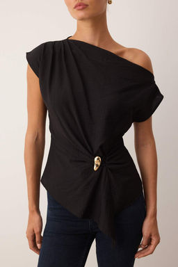 Siyah Kay?k Yaka Fitted Toka Detayl? Dokuma Bluz TWOAW26BZ00058