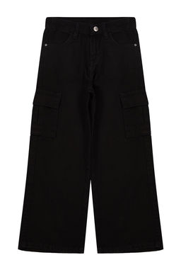 Siyah K?z Cocuk Wide Leg Kargo Cepli Pamuklu Denim Pantolon TKDSS24PL00001 - Trendyolmilla фото 5