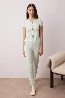 Mint Yaka ve Baby Overlok Detayl? Kiraz Aksesuarl? Fitilli Orme Pijama Tak?m? THMAW26PT00068