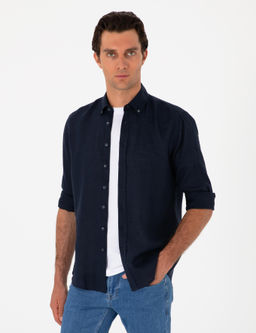 Lacivert Regular Fit %100 Keten G_mlek