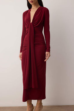 Bordo Vucuda Oturan V Yaka Orme S?k Elbise TPRAW25EL00043