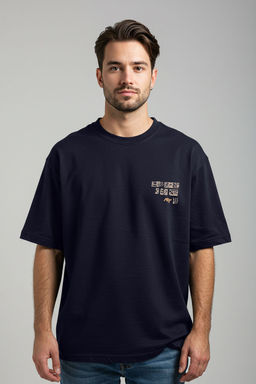 TRENDYOL MAN Lacivert Oversize/Genis Kesim Etnik Nak?sl? T-Shirt TMNSS25TS00167
