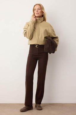 Koyu Kahverengi Kal?n Esnek Kumas Straight/Duz Kesim Nervur Dikisli Pantolon TWOAW26PL00027