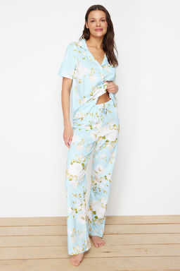 Trendyolmilla Mavi %100 Pamuklu Cicek Desenli Orme Pijama Tak?m? THMSS20PT0062  фото 2