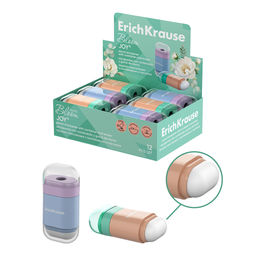 Цена за 12 шт. Точилка пластиковая ErichKrause JOY®, Pastel Bloom, с контейнером и ластиком, ассорти (в коробке-дисплее по 12 шт)