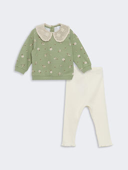 Bebe Yaka Uzun Kollu Bask?l? K?z Bebek Sweatshirt ve Tayt 2li Tak?m