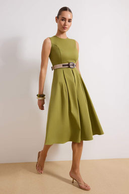 Haki Duz Kemerli Pili Detayl? Midi Dokuma Elbise TWOSS26EL00123