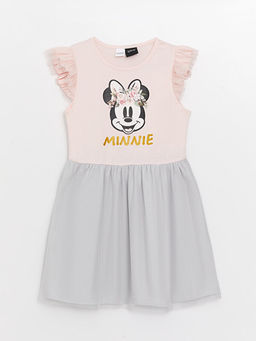 Bisiklet Yaka Minnie Mouse Bask?l? K?sa Kollu K?z ?ocuk Elbise