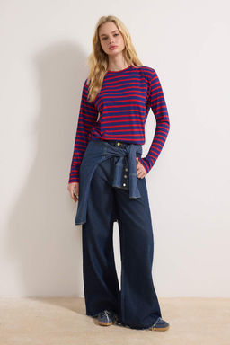 K?rm?z?-Lacivert Cizgili Regular/Normal Kal?p Basic Bisiklet Yaka Orme T-Shirt TWOAW23TS00002