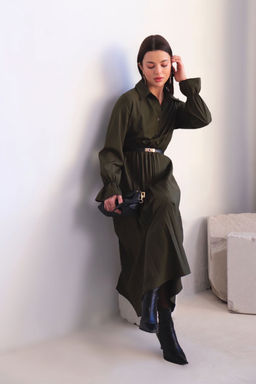 Martichelli Платье рубашка с юбкой-плиссе хаки фото 8