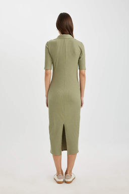 Облегающее платье миди с воротником-поло в рубчик и короткими рукавами - Defacto фото 8