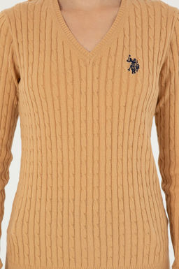 Женский базовый свитер светло-коричневого цвета с v-образным вырезом Неожиданная скидка в корзине - U.s. polo assn фото 6