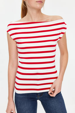 K?rm?z? Cizgili Kay?k Yaka Fitted Viskoz/Yumusak Kumasl? Esnek Orme Bluz TWOSS24BZ00090