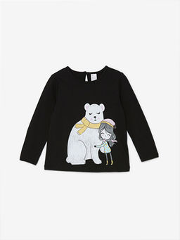 Bisiklet Yaka Uzun Kollu Bask?l? K?z Bebek Ti??rt