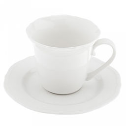 "Совершенство" Чашка фарфоровая 200мл, д8,9см h7,9см, с блюдцем д14,8см h1,5см, глянцевая глазурь, белый, рельефный декор, волнистый край (Китай)