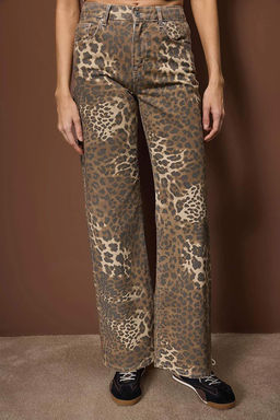 Cok Renkli Leopar Desenli Yuksek Bel Wide Leg Jeans TWOAW26JE00291