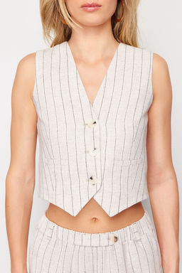 TRENDYOLMILLA Ac?k Pembe Regular Cizgili Pamuk Keten Crop Dokuma Yelek TWOSS24YE00025  фото 3