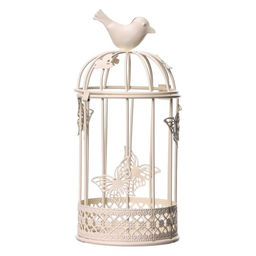 Металлический подсвечник-фонарь 1 свеча «Птица и клетка с бабочками», белый, 21.5×10×10 см
