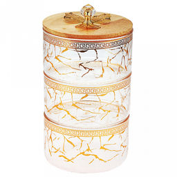 Блюдо-этажерка (конфетница, набор для холодца) стеклянное3-х секционное, 1 секция - 500мл д10,9см h6,3см, прозрачное стекло с деколью, одна бамбуковая крышка, ручка-кнопка "кристалл" с металлическим декором, металлическая подставка с ручкой, на ножка