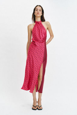 VESTIDO MIDI CUELLO HALTER / Fucsia