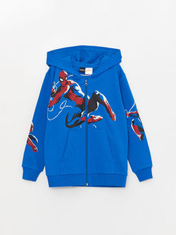 Kap??onlu Spiderman Bask?l? Uzun Kollu Erkek ?ocuk Fermuarl? Sweatshirt