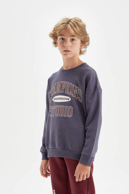 Школьная толстовка оверсайз с круглым вырезом и принтом для мальчиков - Defacto фото 4