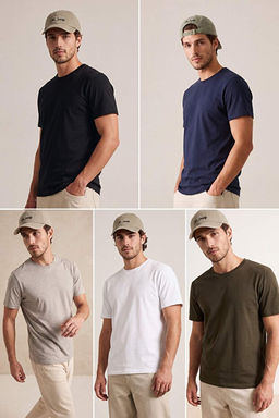Grimelanj-Siyah-Beyaz-Haki-Lacivert 5li Slim/Dar 5li Paket %100 Tok Kuma_ T-shirt TMNAW20TS0243