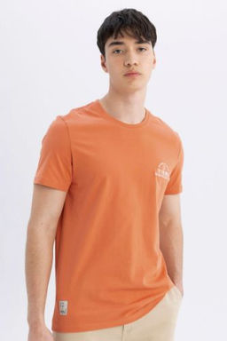 Slim Fit Dar Kesim Bisiklet Yaka Bask?l? K?sa Kollu Tisort