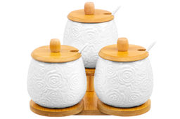 Набор 3 банок д/хранения 400 мл 21*19*17 см "Розы" на дер. подставке + ложки