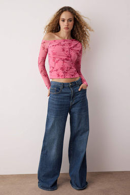 Pembe Cicekli Tul Astarl? Asimetrik Yaka Orme Orme Bluz TWOAW24BZ00051