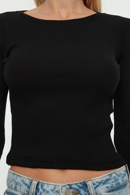 Siyah-Haki 2li Paket Fitted/Vucuda Oturan Bisiklet Yaka Crop Fitilli Esnek Orme Bluz TWOAW22BZ0331