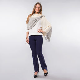 Палантин сливочного и серого цветов с бахромой